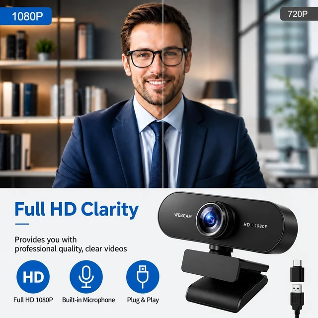 Alt view image 2 of 7 - 1080P HD Webcam with Auto Focus & Microphone, 30FPS Computer Camera,Black | USB Type-A & A-to-C Adapter,Plug&Play 360° Rotating camera for Zoom/Teams/Facetime/YouTube/Google Meet/Switch