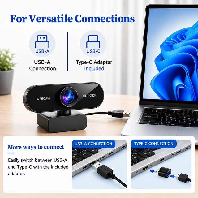 Alt view image 4 of 7 - 1080P HD Webcam with Auto Focus & Microphone, 30FPS Computer Camera,Black | USB Type-A & A-to-C Adapter,Plug&Play 360° Rotating camera for Zoom/Teams/Facetime/YouTube/Google Meet/Switch
