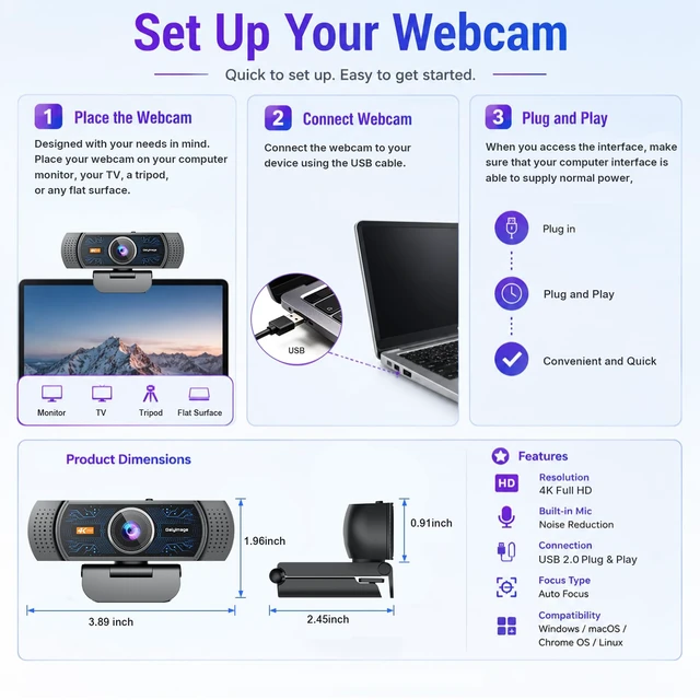 Alt view image 7 of 7 - 4K Webcam for PC, Streaming Computer Camera with Noise-Canceling Mic | 78°FOV, Privacy Cover, Plug & Play Web Cam, PC Camera for Zoom/Skype/FaceTime/TeamsCompatible with Mac/Laptop/Metting