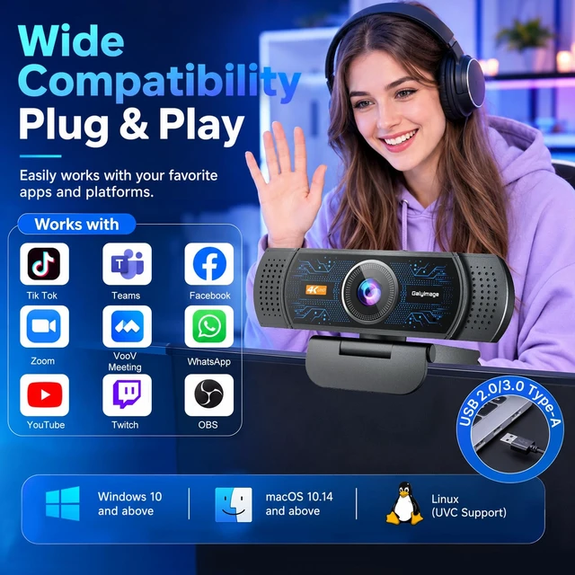 Alt view image 6 of 7 - 4K Webcam for PC, Streaming Computer Camera with Noise-Canceling Mic | 78°FOV, Privacy Cover, Plug & Play Web Cam, PC Camera for Zoom/Skype/FaceTime/TeamsCompatible with Mac/Laptop/Metting