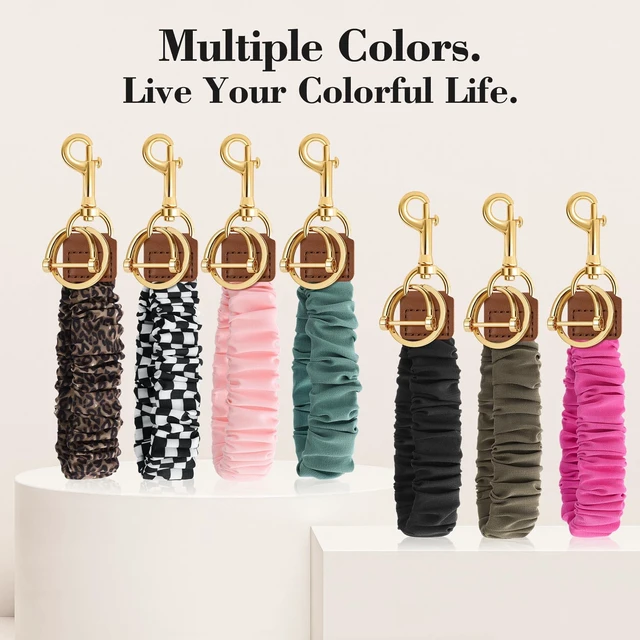 Alt view image 7 of 7 - Scrunchie Keychain Wristlet, Cute Key Chain Wrist Bracelet Lanyard Strap | stretchy scrunchie wristlet for keys, soft pill-resistant key chain bracelet for women, men, car keys, shopping, gym, travel