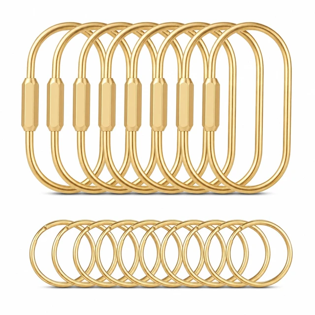 Main image of 8 Pack Gold Brass Key Rings with Screw Lock, Carabiner Keychain Clips with 10 O-Rings, Keychain Clasps & Bag Charm Holders for Purses, Tote Bags, Handbags and DIY Crafts,Gold