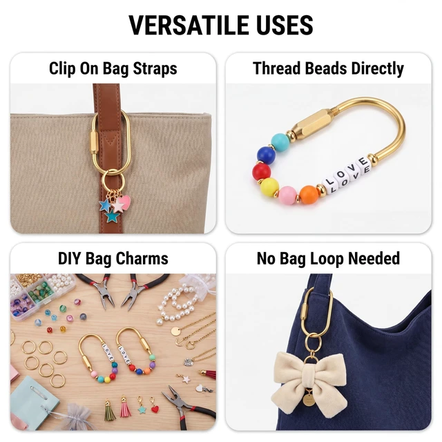 Alt view image 3 of 7 - Gold Brass Key Rings, 10 Pack Keychain with 10 Flat Rings Carabiner Clip, Screw Lock Keys Organizer, Purse Bag Accessories Charms Holder for Handbags, Doll, Car Keys - Medium Size