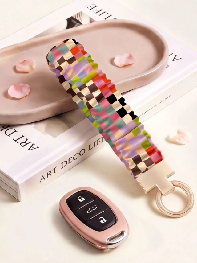 Alt view image 2 of 7 - Keychain Wristlet,Cute Checkered Scrunchie Wrist Bracelet for Women & Men,Stretchy Key Chain for Car Keys with D Ring,Key Chain Wristlet Suitable for Gym,Shopping & Travel,Retro Color Grid
