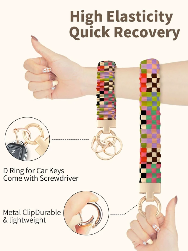 Alt view image 4 of 7 - Keychain Wristlet,Cute Checkered Scrunchie Wrist Bracelet for Women & Men,Stretchy Key Chain for Car Keys with D Ring,Key Chain Wristlet Suitable for Gym,Shopping & Travel,Retro Color Grid