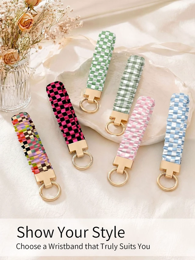 Alt view image 6 of 7 - Keychain Wristlet,Cute Checkered Scrunchie Wrist Bracelet for Women & Men,Stretchy Key Chain for Car Keys with D Ring,Key Chain Wristlet Suitable for Gym,Shopping & Travel,Retro Color Grid