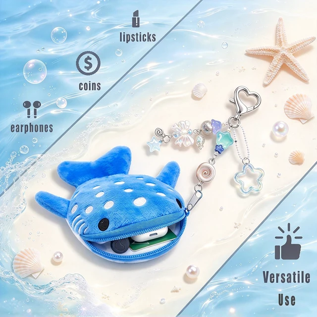 Alt view image 6 of 7 - Whale Shark Coin Purse Keychain,Cute Blue Plush Change Pouches Bag Charm | Kawaii Handmade Wallet with Zipper,Heart Star Butterfly Key Chain for Women Backpack