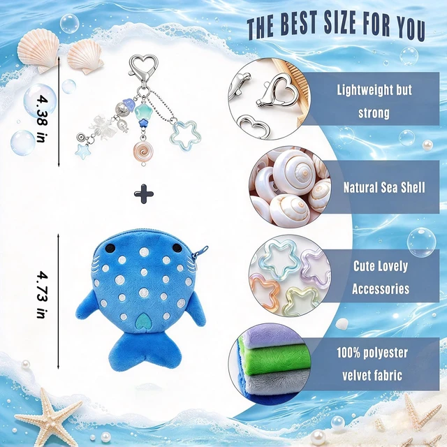 Alt view image 5 of 7 - Whale Shark Coin Purse Keychain,Cute Blue Plush Change Pouches Bag Charm | Kawaii Handmade Wallet with Zipper,Heart Star Butterfly Key Chain for Women Backpack