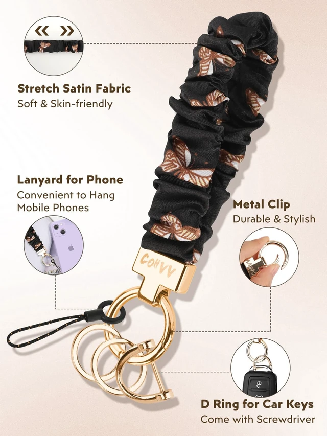 Alt view image 3 of 6 - Scrunchie Keychain Wristlet for Women, Black Stretchy Car Key Holder | Cute Stretchy Wristlet Keychain for Car Keys, Gym, Shopping, Travel, Bag Charm, and Everyday Carry