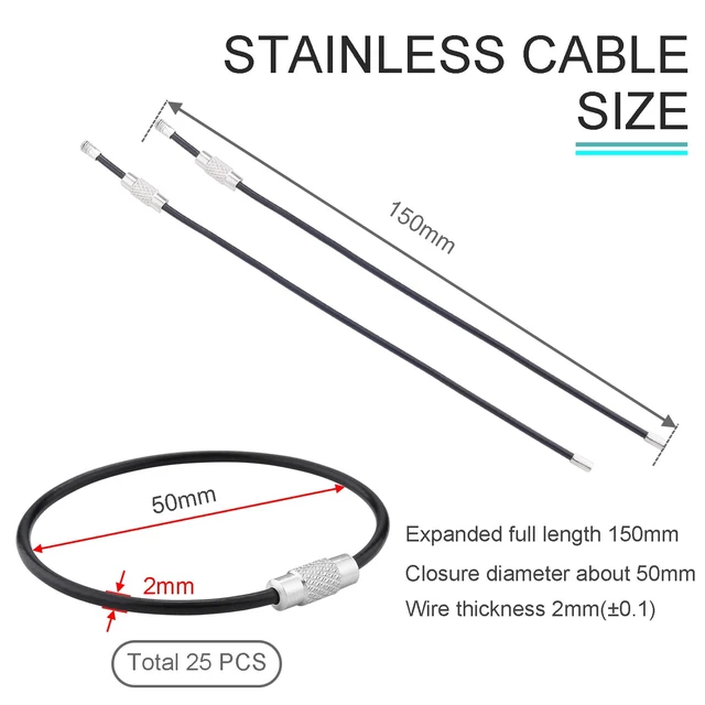 Alt view image 2 of 7 - 25 Pack Stainless Steel Loops 2mm Coated Wire Keychain Cable Large Key rings 6 inch Key Chain for Women, Luggage Tags, Key Tags, Keyrings, Kitchen utensils, Duster - Black