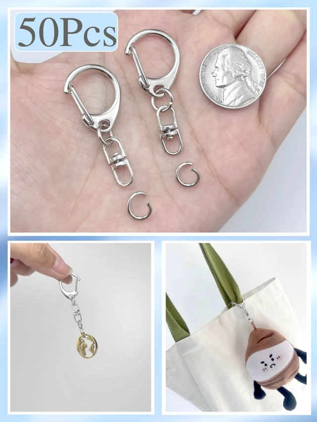 Alt view image 3 of 5 - 50Pcs Lobster Claw Clasps for Keychain Clip, Swivel Snap Hooks Silver Key Chain Rings DIY Making Kit for Crafts