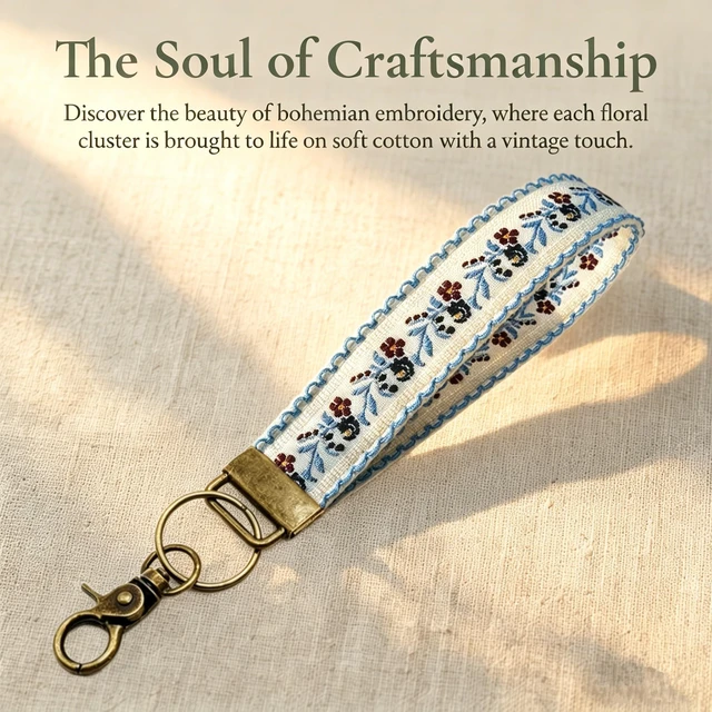 Alt view image 2 of 7 - Boho Vintage Embroidered Floral plant Wristlet Keychain for Women | Cute Lanyard&Antique Brass Clasp, Lightweight Hands-Free Key Holder for keys,purses,handbags and daily outdoor use for ladies