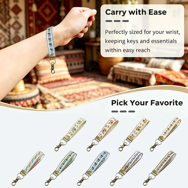 Alt view image 6 of 7 - Boho Vintage Embroidered Floral plant Wristlet Keychain for Women | Cute Lanyard&Antique Brass Clasp, Lightweight Hands-Free Key Holder for keys,purses,handbags and daily outdoor use for ladies
