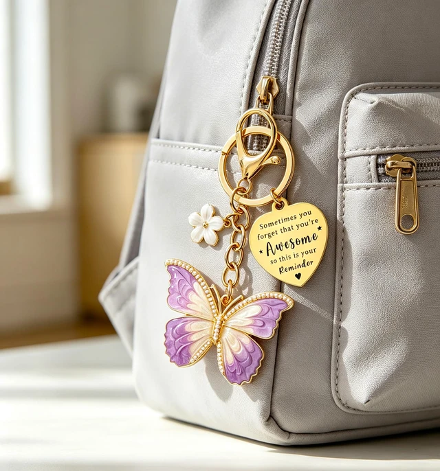 Alt view image 4 of 5 - Butterfly Keychain for Women Inspirational Gifts Bag Charms | Cute Butterfly Bag Charm for Purses Handbags Inspirational Keyring Accessories Stuff Purple Pink Butterfly Flower Keychain