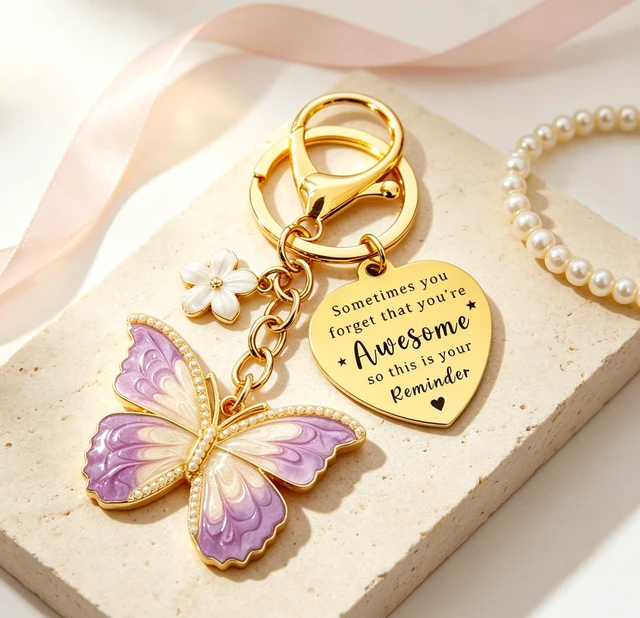 Alt view image 5 of 5 - Butterfly Keychain for Women Inspirational Gifts Bag Charms | Cute Butterfly Bag Charm for Purses Handbags Inspirational Keyring Accessories Stuff Purple Pink Butterfly Flower Keychain