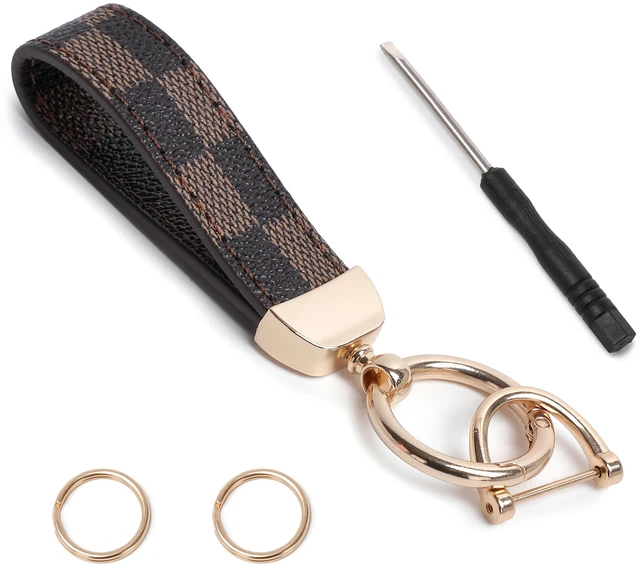 Main image of Durable Leather Print Keychain with Anti-Lost D Ring & Key Ring Clip,for Women and Men | Car & Home Key Ring (Brown Gold)