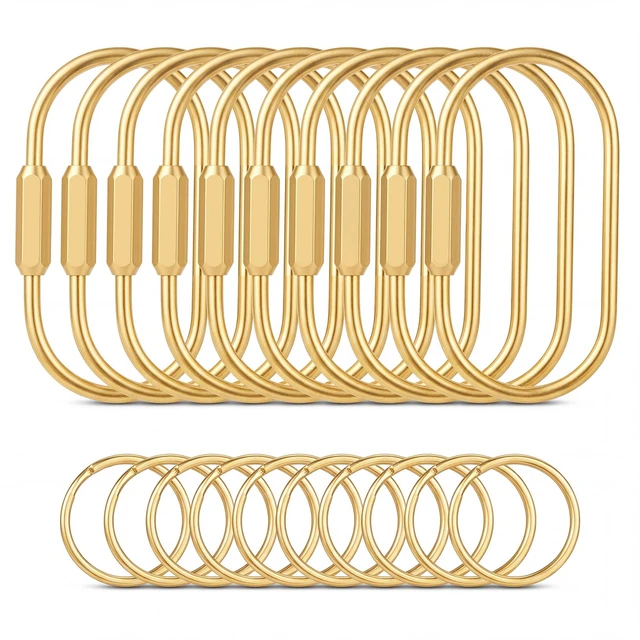 Main image of Gold Brass Key Rings, 10 Pack Keychain with 10 Flat Rings Carabiner Clip, Screw Lock Keys Organizer, Purse Bag Accessories Charms Holder for Handbags, Doll, Car Keys - Medium Size