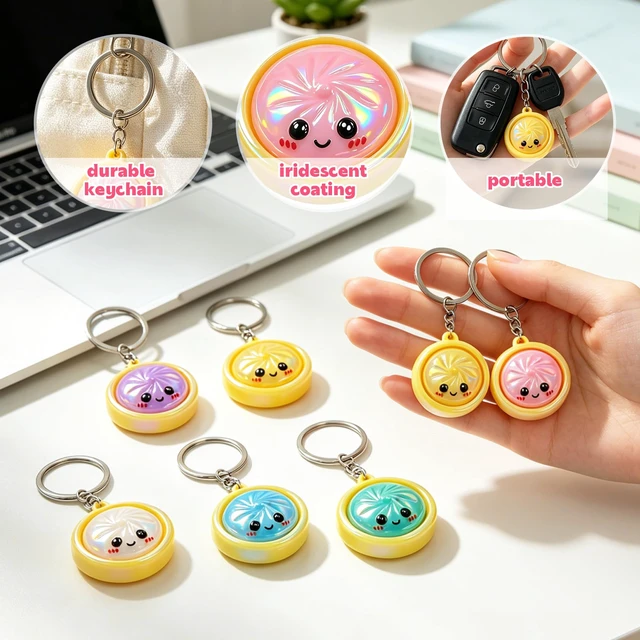 Alt view image 4 of 7 - 12Pcs Mini Iridescent Keychain Set,Cute Keychain Bulk,No Rebounds | Mini Glitter Cartoon Funny Face Bun Keychains,Backpack Pendant Charms, Random Color Party Favor Decorations