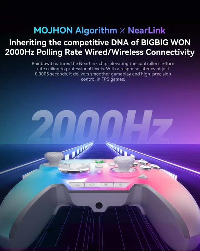 Alt view image 4 of 7 - Rainbow 3 Wireless Controller 2000Hz Polling Rate Joystick 16 Mechanical Keys 14 Custom RGB Lights 6-Axis Gyro Sensor Switchable Hall/Micro-switch Trigger 3.5mm Audio Jack for PC//iOS/Android