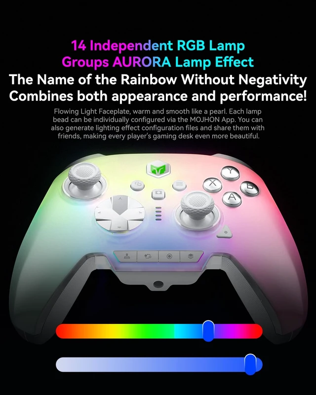 Alt view image 5 of 7 - Rainbow 3 Wireless Controller 2000Hz Polling Rate Joystick 16 Mechanical Keys 14 Custom RGB Lights 6-Axis Gyro Sensor Switchable Hall/Micro-switch Trigger 3.5mm Audio Jack for PC//iOS/Android
