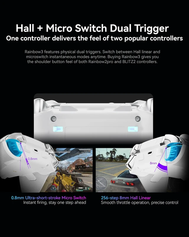 Alt view image 7 of 7 - Rainbow 3 Wireless Controller 2000Hz Polling Rate Joystick 16 Mechanical Keys 14 Custom RGB Lights 6-Axis Gyro Sensor Switchable Hall/Micro-switch Trigger 3.5mm Audio Jack for PC//iOS/Android