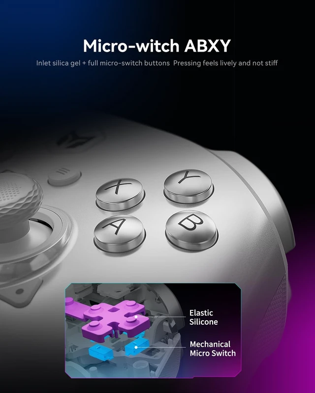 Alt view image 6 of 7 - Rainbow 3 Wireless Controller 2000Hz Polling Rate Joystick 16 Mechanical Keys 14 Custom RGB Lights 6-Axis Gyro Sensor Switchable Hall/Micro-switch Trigger 3.5mm Audio Jack for PC//iOS/Android
