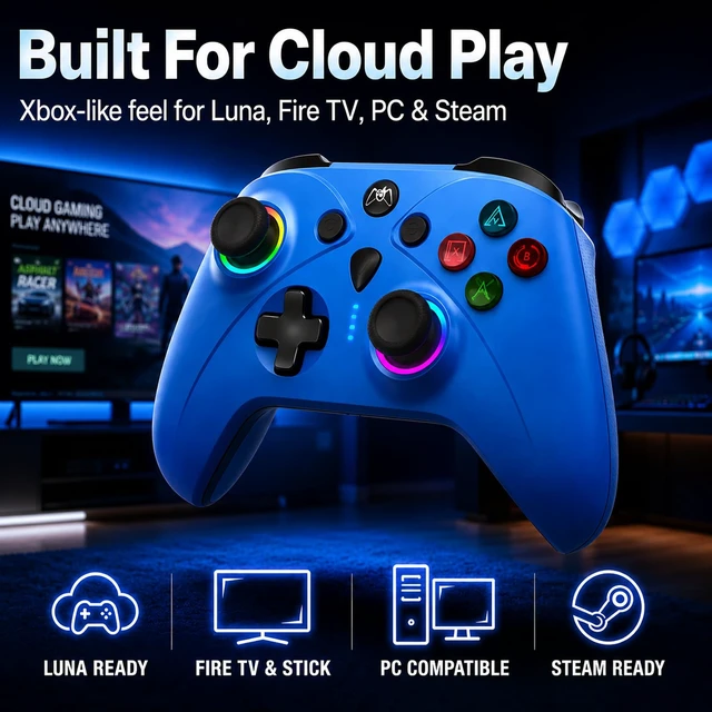 Alt view image 2 of 7 - Blue Wireless Gamepad For Luna Controller with TMR Sticks and RGB Lights | Wireless Fire TV Gamepad for Fire Stick, Fire Cube,PC Steam Manette,Blue Cloud Gaming Controller,1500mAh Remote,RGB Lights