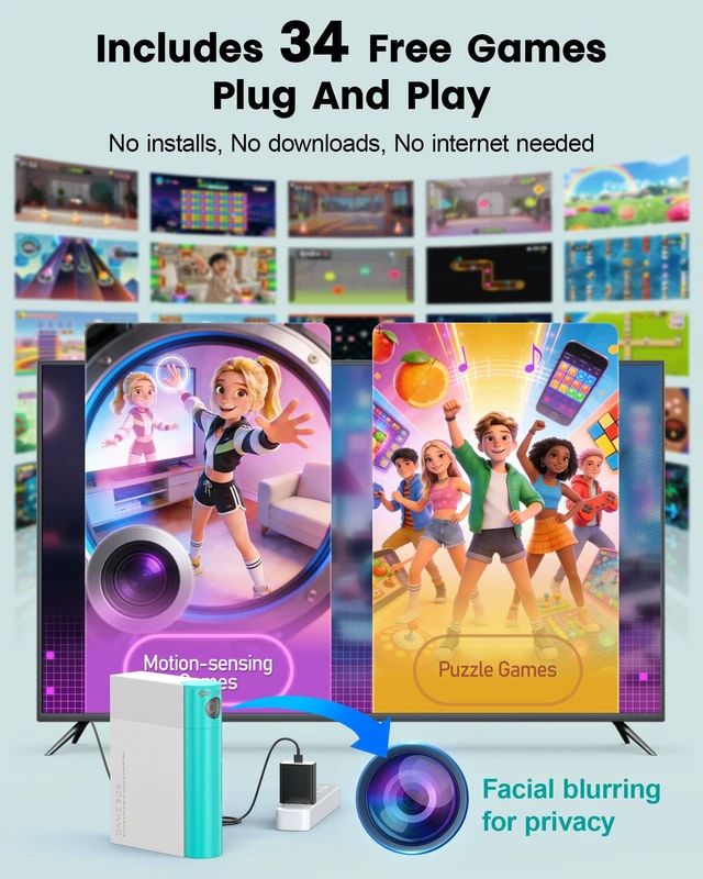 Alt view image 2 of 7 - AR Motion Gaming Console for Kids: Plug & Play Active TV Video Game (Cyan) | 34 Preloaded Games, AI Tracking, Motion Sensing+Gamepad - Family Game Night and Playdates; Gift for Boys Girls Ages 4-12