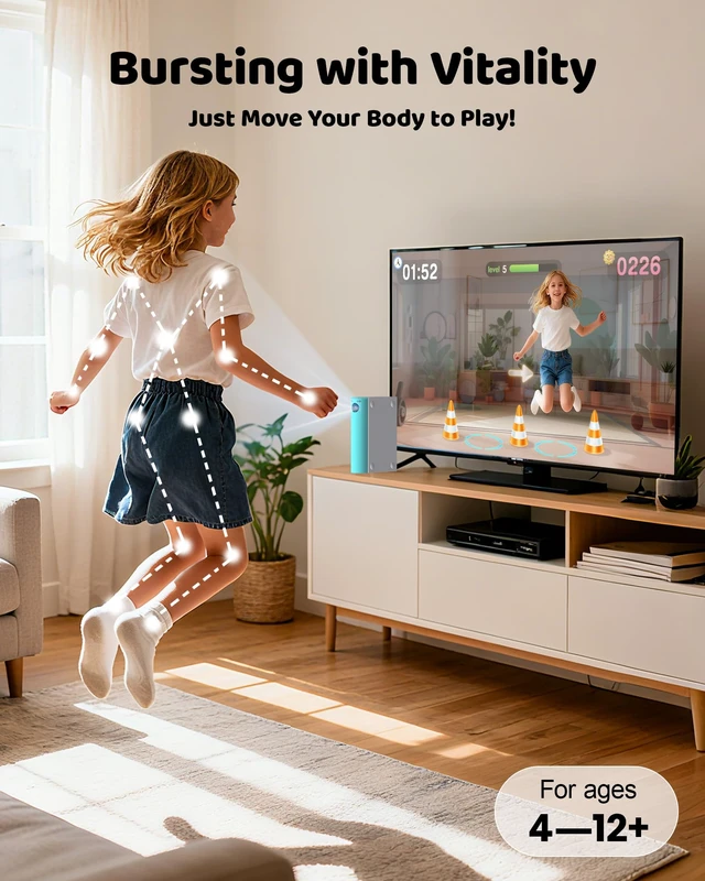 Alt view image 3 of 7 - AR Motion Gaming Console for Kids: Plug & Play Active TV Video Game (Cyan) | 34 Preloaded Games, AI Tracking, Motion Sensing+Gamepad - Family Game Night and Playdates; Gift for Boys Girls Ages 4-12