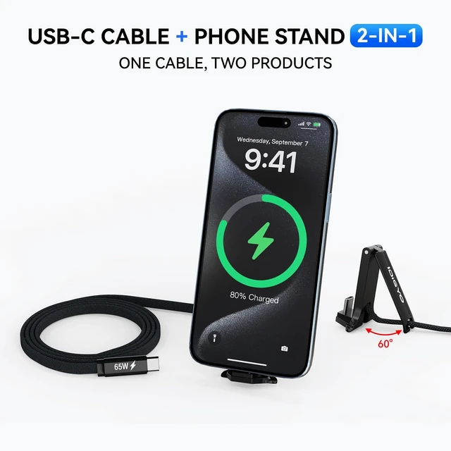 Alt view image 2 of 7 - Cable With A Phone Stand, 65W Fast-Charging USB-C to USB-C cable | 5 FT Holder Charger Cable,Nylon Braided Charging Cable with Foldable Stand for iPhone 17/16, iPad, Samsung Galaxy, Pixel