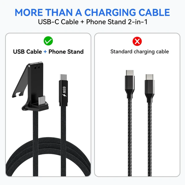 Alt view image 3 of 7 - Cable With A Phone Stand, 65W Fast-Charging USB-C to USB-C cable | 5 FT Holder Charger Cable,Nylon Braided Charging Cable with Foldable Stand for iPhone 17/16, iPad, Samsung Galaxy, Pixel