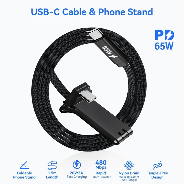 Alt view image 6 of 7 - Cable With A Phone Stand, 65W Fast-Charging USB-C to USB-C cable | 5 FT Holder Charger Cable,Nylon Braided Charging Cable with Foldable Stand for iPhone 17/16, iPad, Samsung Galaxy, Pixel