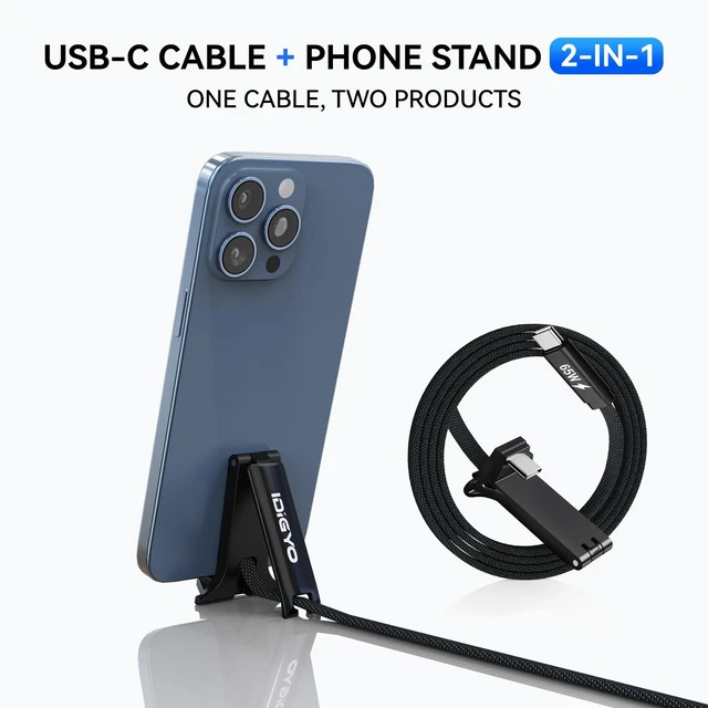 Alt view image 7 of 7 - Cable With A Phone Stand, 65W Fast-Charging USB-C to USB-C cable | 5 FT Holder Charger Cable,Nylon Braided Charging Cable with Foldable Stand for iPhone 17/16, iPad, Samsung Galaxy, Pixel
