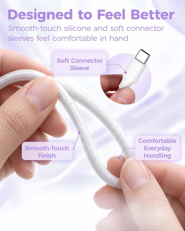 Alt view image 2 of 7 - USB C Cable 10FT 2-Pack, Long Soft Silicone Braided USBC Charging Cable | 60W Fast Charging & 480Mbps Data Transfer, Flexible Type C to C Cable for iPhone 16/15, iPad, Samsung Galaxy, MacBook, Laptop