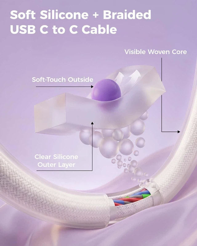 Alt view image 3 of 7 - USB C Cable 10FT 2-Pack, Long Soft Silicone Braided USBC Charging Cable | 60W Fast Charging & 480Mbps Data Transfer, Flexible Type C to C Cable for iPhone 16/15, iPad, Samsung Galaxy, MacBook, Laptop
