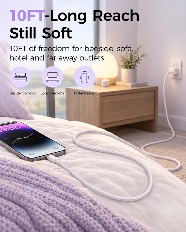Alt view image 4 of 7 - USB C Cable 10FT 2-Pack, Long Soft Silicone Braided USBC Charging Cable | 60W Fast Charging & 480Mbps Data Transfer, Flexible Type C to C Cable for iPhone 16/15, iPad, Samsung Galaxy, MacBook, Laptop