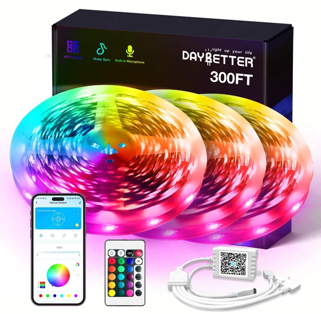 Main image of LED Strip Lights 300ft RGB Music Sync Smart App Control Indoor color changing decor bedroom kitchen party 24-key IR remote timer cuttable flexible strong adhesive