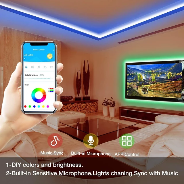 Alt view image 4 of 6 - LED Strip Lights 300ft RGB Music Sync Smart App Control Indoor color changing decor bedroom kitchen party 24-key IR remote timer cuttable flexible strong adhesive