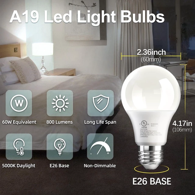 Alt view image 2 of 6 - 12 Pack A19 LED Light Bulb, Daylight White 5000K, 60 Watt Eq, E26 Base 9W Bright White, A19 Standard Light Bulb, Energy Saving, Non Dimmable, 800LM, 120V, UL Listed, 15000 Hour
