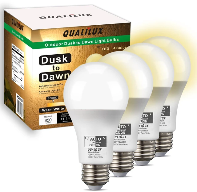 Main image of Dusk to Dawn A19 LED Light Bulbs Outdoor, Automatic On/Off, 60W Equivalent, Warm White 3000K, Energy Efficient 9.5W, 850 Lumen, E26 Base, 4-Pack, HQ-H009