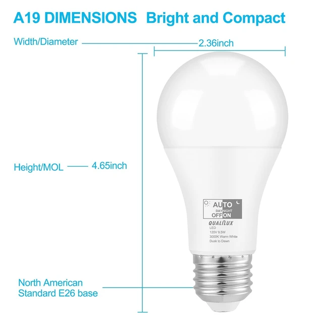 Alt view image 7 of 7 - Dusk to Dawn A19 LED Light Bulbs Outdoor, Automatic On/Off, 60W Equivalent, Warm White 3000K, Energy Efficient 9.5W, 850 Lumen, E26 Base, 4-Pack, HQ-H009