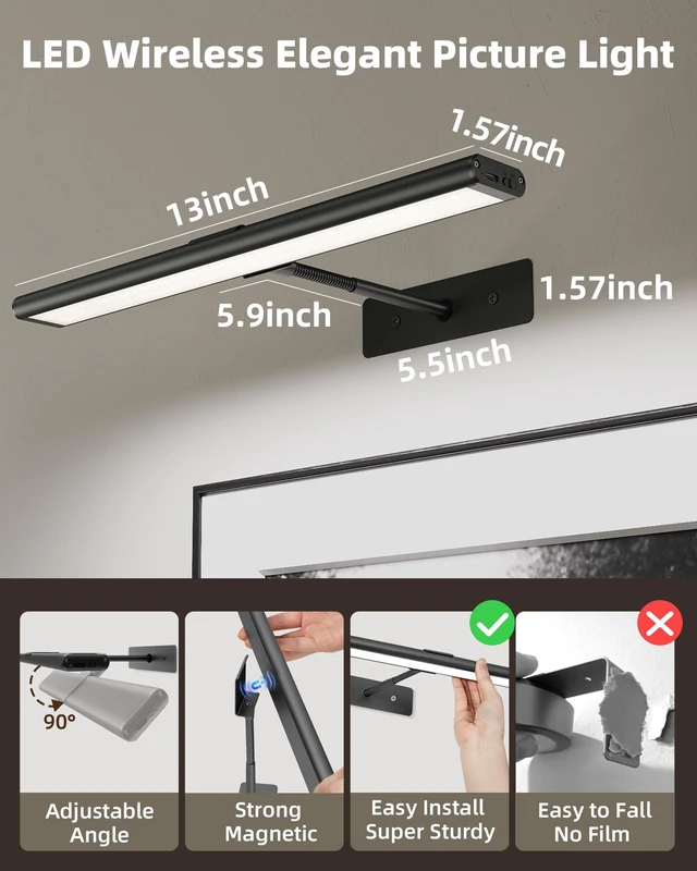 Alt view image 4 of 4 - Picture Light for Wall, 13'' Black Rechargeable 4800mAh Black Lights Wireless Remote, Dimmable Magnetic LED Art Painting Light with 3 Color Temperatures, Display for Gallery, Living Room(2P)