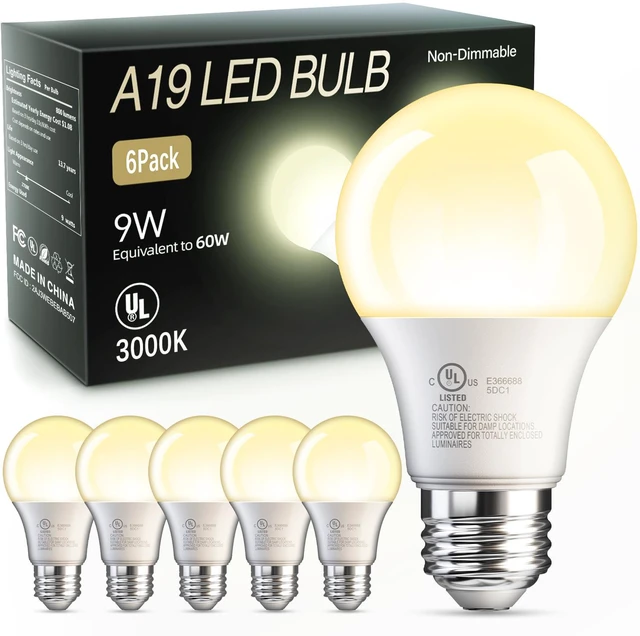 Main image of 6 Pack A19 LED Light Bulbs, Warm White 3000K, 60 Watt Eq, E26 Base Efficient 9W, Standard Light Bulb for Lamps, Energy Saving Lightbulb, Non Dimmable, 800LM, 80 CRI, 120V, UL Listed