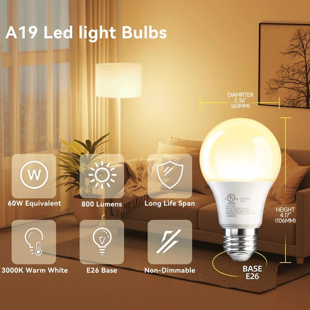 Alt view image 2 of 7 - 6 Pack A19 LED Light Bulbs, Warm White 3000K, 60 Watt Eq, E26 Base Efficient 9W, Standard Light Bulb for Lamps, Energy Saving Lightbulb, Non Dimmable, 800LM, 80 CRI, 120V, UL Listed
