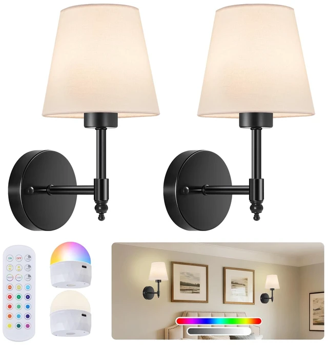 Main image of Battery Operated Wall Sconce Set of 2, Rechargeable Wireless Wall Lights with 5200mAh Dimmable Bulb with Remote,15 Colors Options Wireless Wall Lamps for Bedroom Living Room Hallway-black