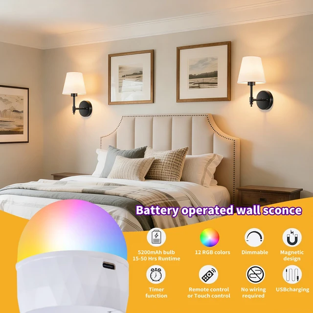 Alt view image 2 of 7 - Battery Operated Wall Sconce Set of 2, Rechargeable Wireless Wall Lights with 5200mAh Dimmable Bulb with Remote,15 Colors Options Wireless Wall Lamps for Bedroom Living Room Hallway-black