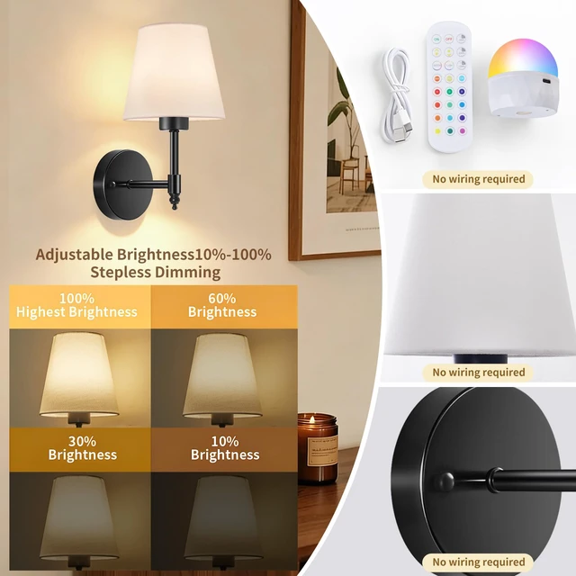 Alt view image 4 of 7 - Battery Operated Wall Sconce Set of 2, Rechargeable Wireless Wall Lights with 5200mAh Dimmable Bulb with Remote,15 Colors Options Wireless Wall Lamps for Bedroom Living Room Hallway-black
