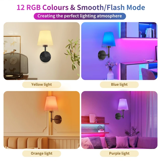 Alt view image 7 of 7 - Battery Operated Wall Sconce Set of 2, Rechargeable Wireless Wall Lights with 5200mAh Dimmable Bulb with Remote,15 Colors Options Wireless Wall Lamps for Bedroom Living Room Hallway-black