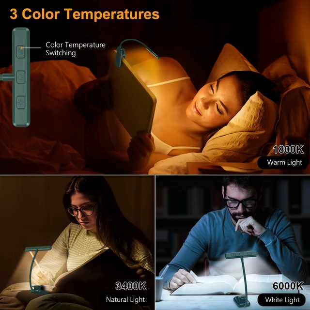 Alt view image 3 of 7 - 19 LED Rechargeable Book Light for Reading in Bed Eye Caring 3 Color Temps,Stepless Dimming Brightness,Memory Function,90 Hrs Runtime Lightweight Clip on Light-Blackish Green