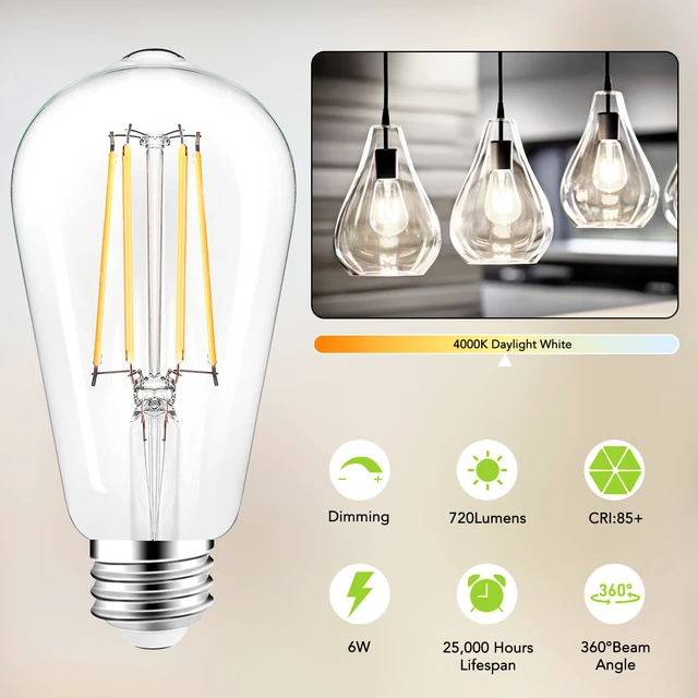 Alt view image 2 of 7 - ST58 E26 LED Light Bulbs, 6W Dimmable Neutral White 4000K 4 Pack Bright 60W Equivalent 720 Lumens, Antique LED Filament Bulb CRI 85+, Clear Glass, Energy Efficient Flicker Free